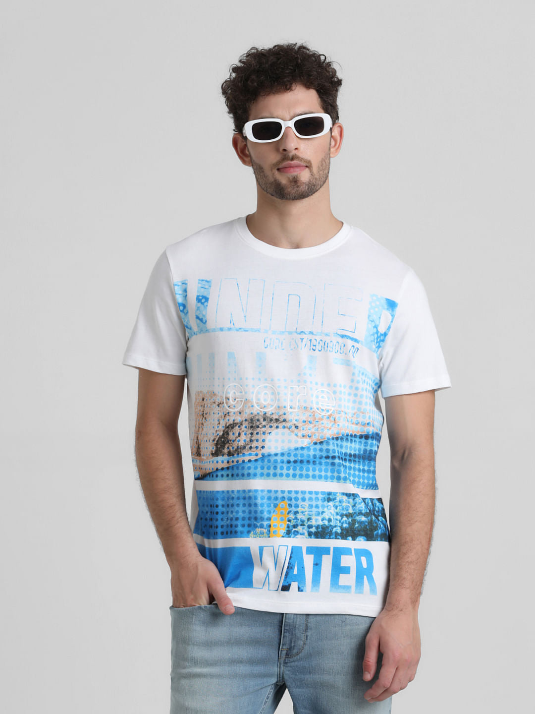 White Placement Print Crew Neck T-shirt - M