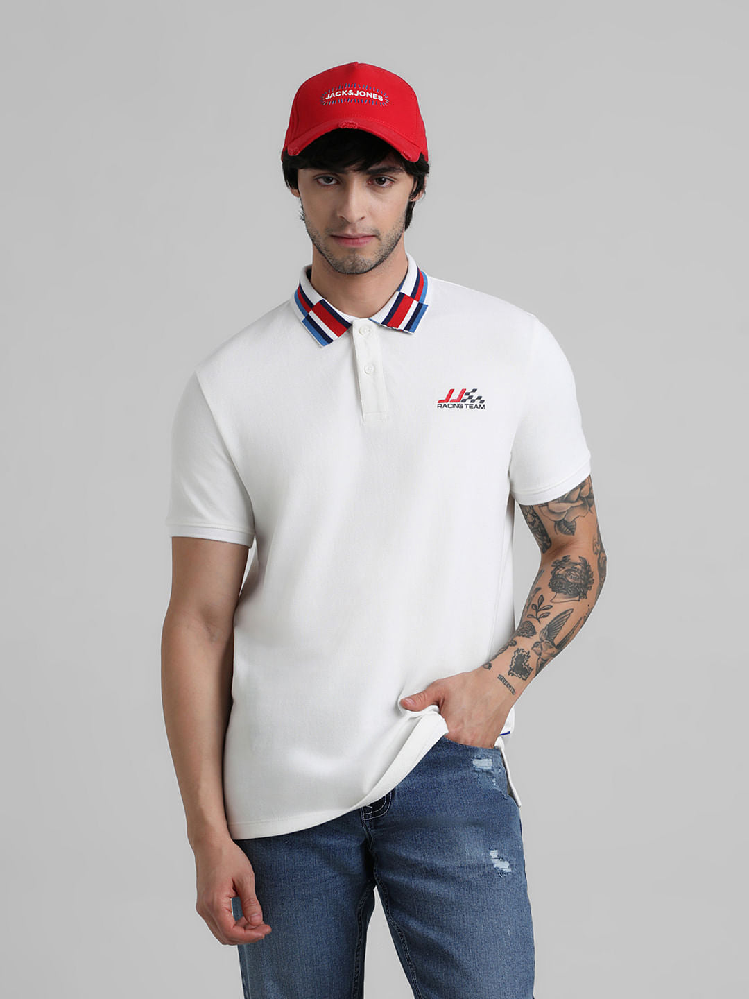 White Race Striped Jacquard Polo - S