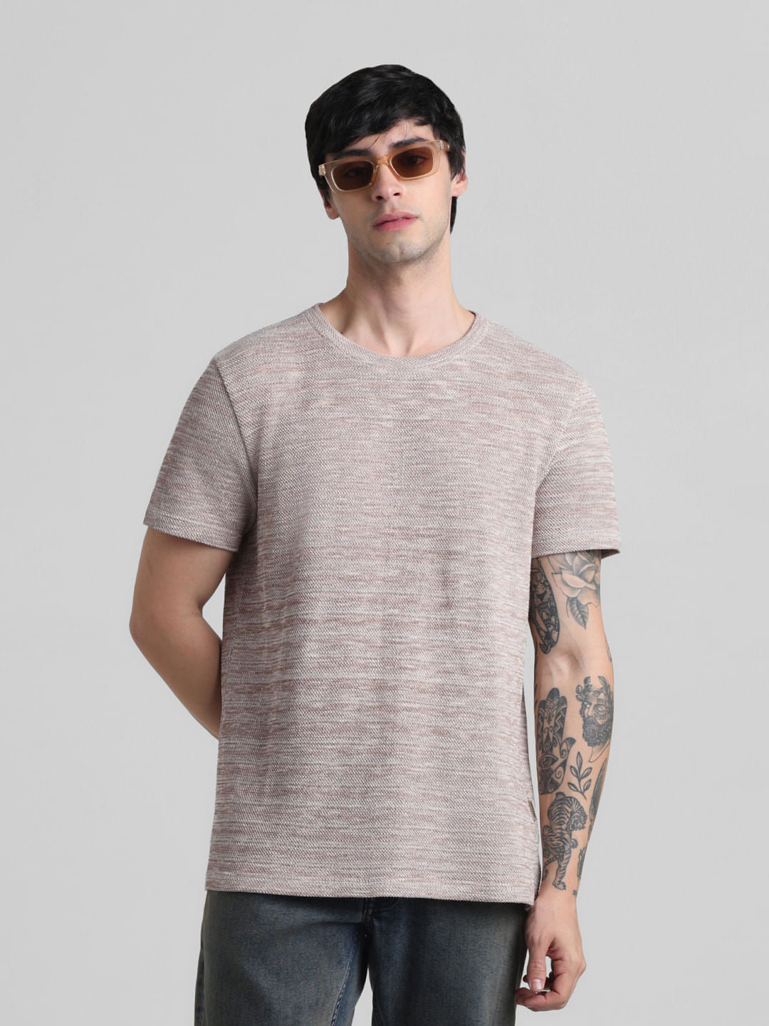 Beige Knitted Crew Neck T-shirt - S