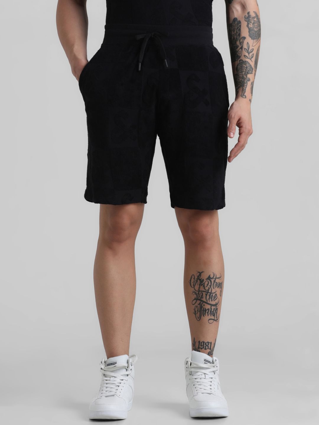 Black Mid Rise Jacquard Bermuda Shorts