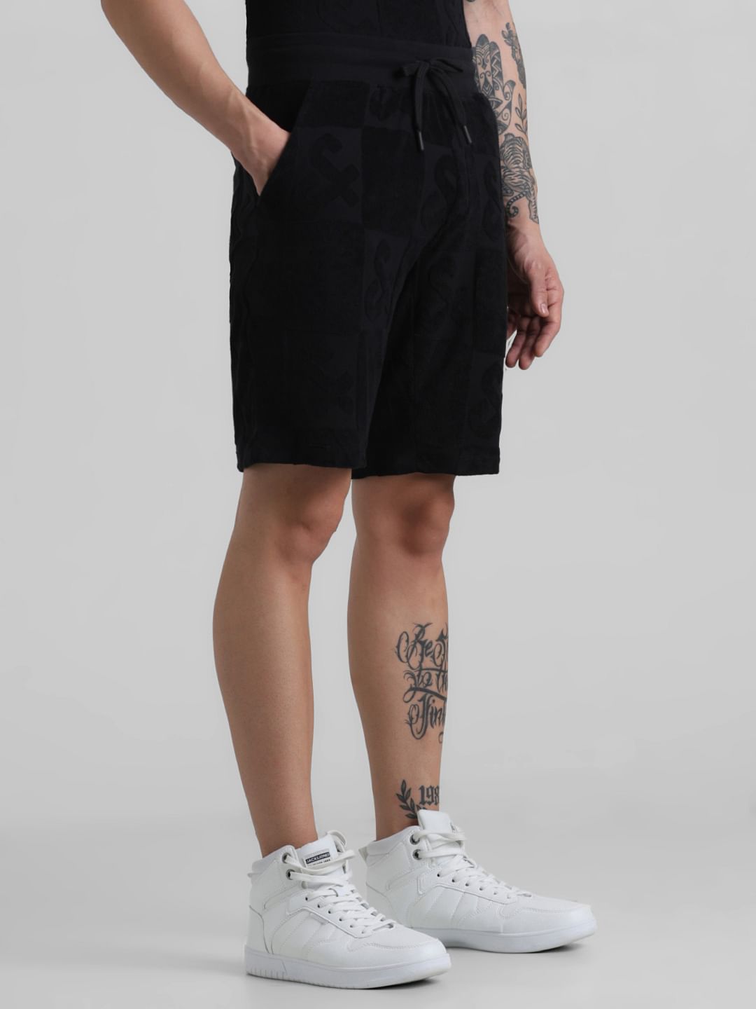 Black Mid Rise Jacquard Bermuda Shorts