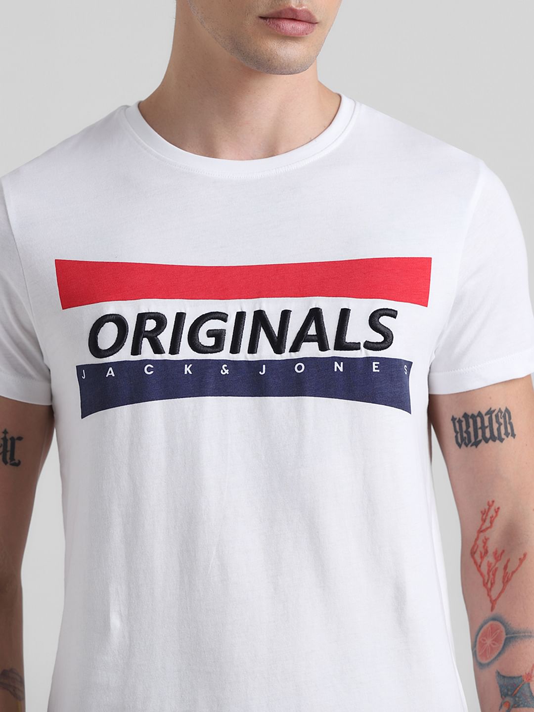 White Embroidered Logo Print T-shirt