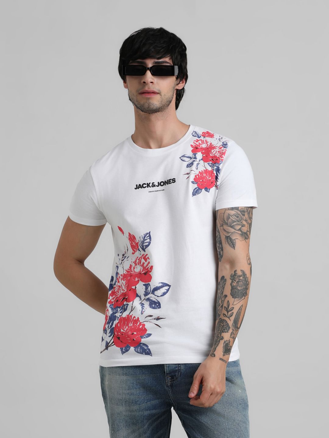White Logo Print Floral T-shirt