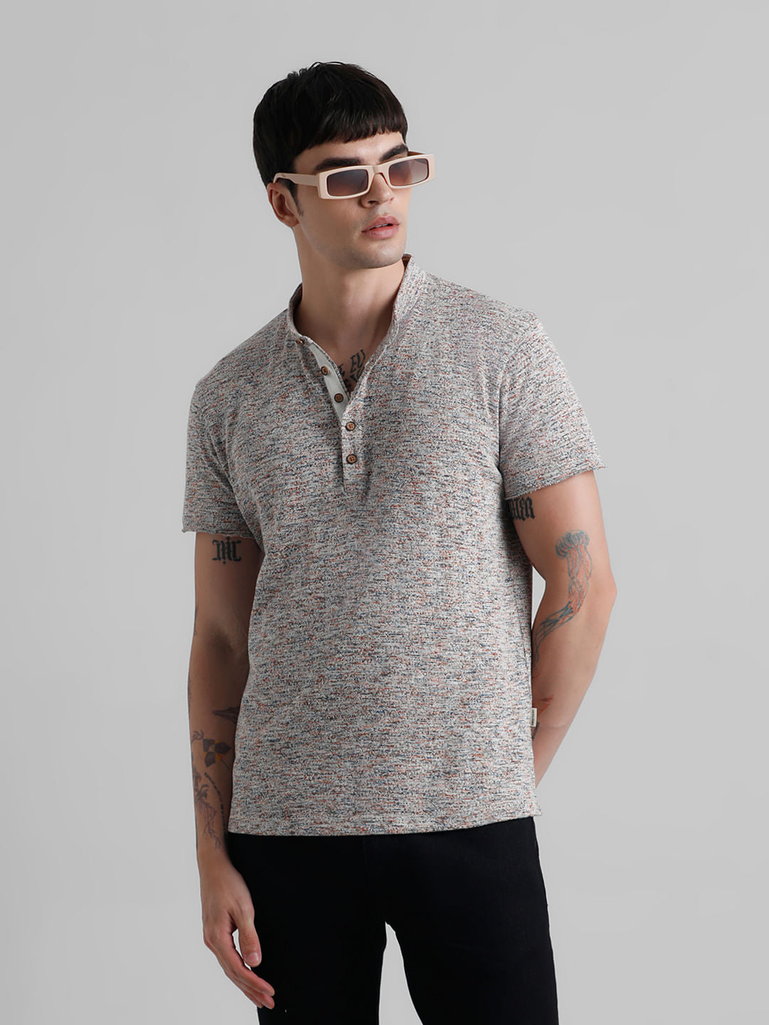 Beige Printed Crew Neck T-shirt - S