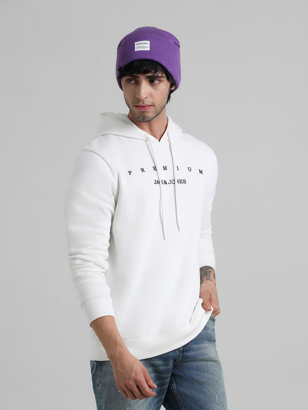 White Logo Print Hooded Sweatshirt - S