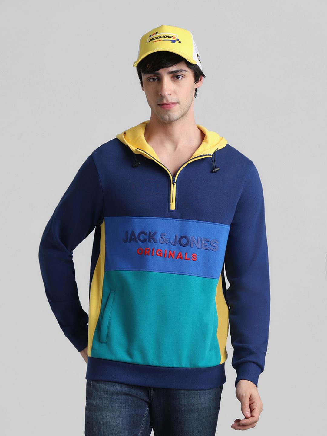 Blue Colourblocked Hooded Sweatshirt - S
