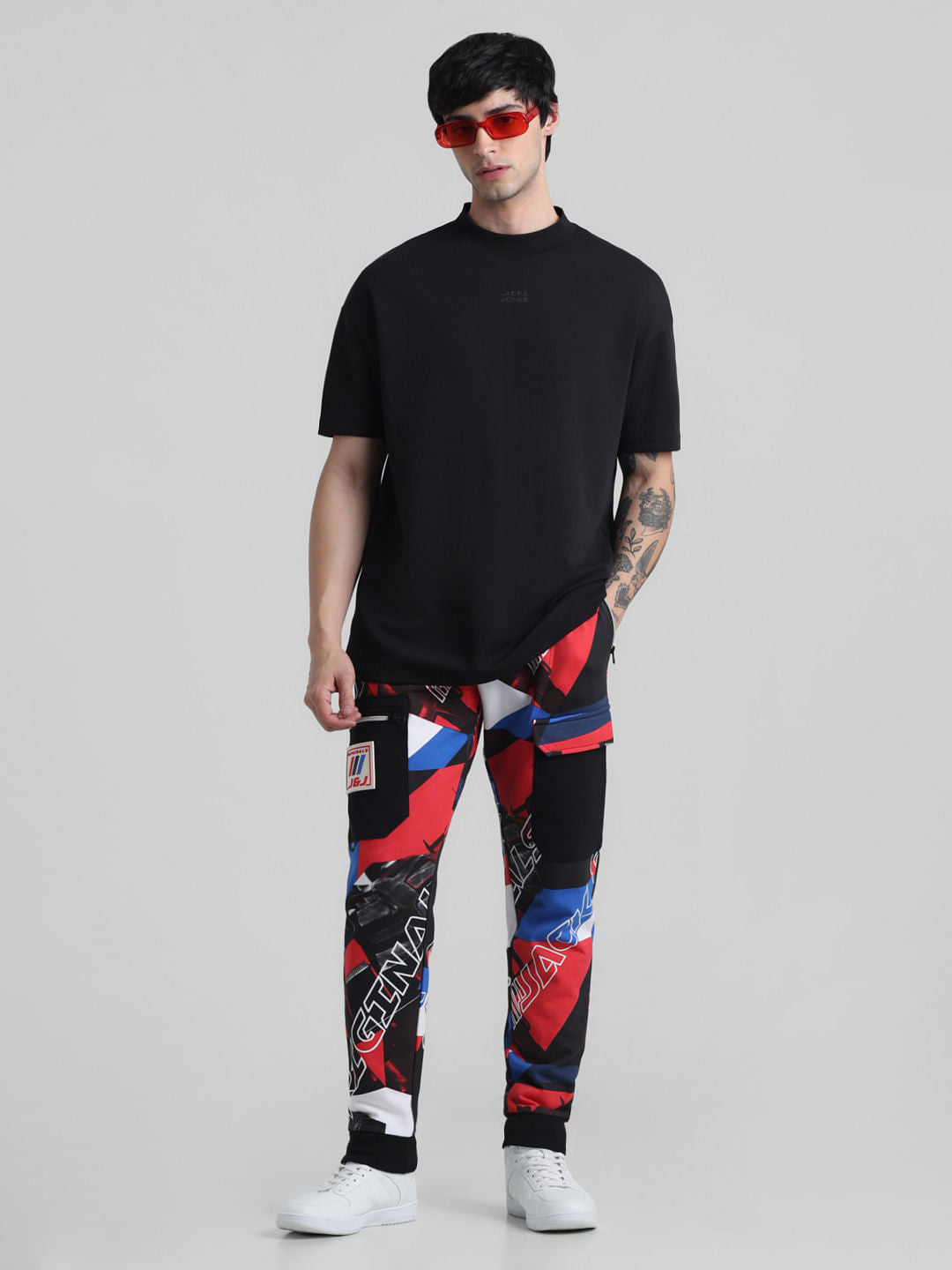 URBAN RACERS by Jack & Jones Black Mid Rise Printed Sweatpants