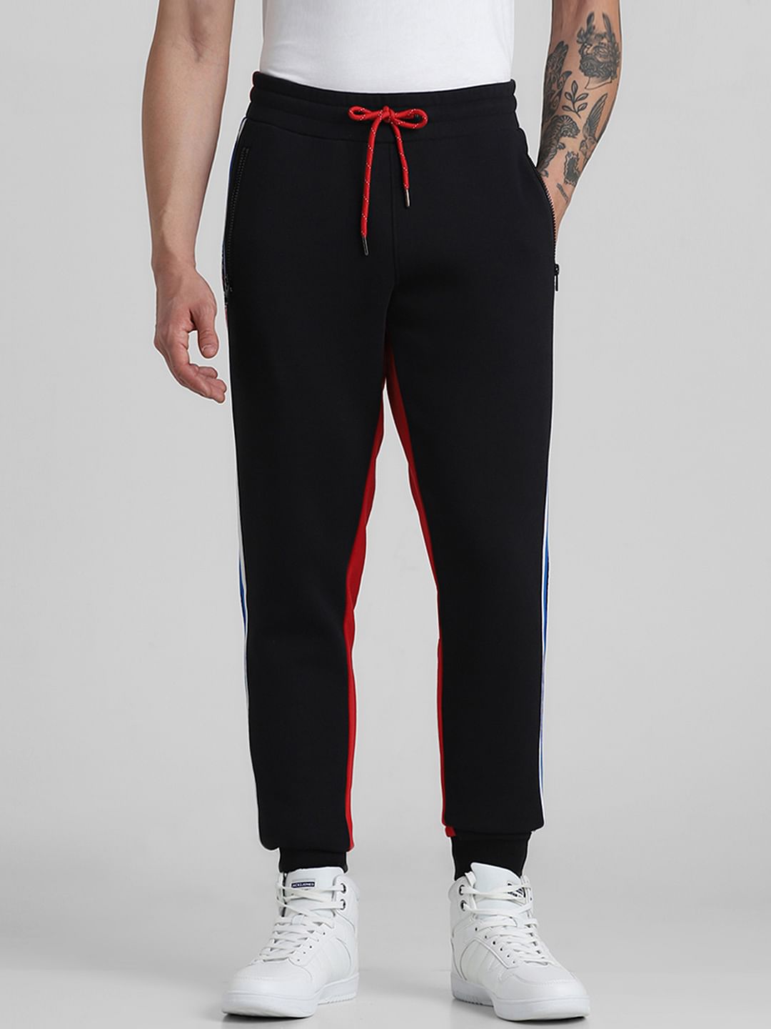 Black & Red Mid Rise Colourblocked Sweatpants - S