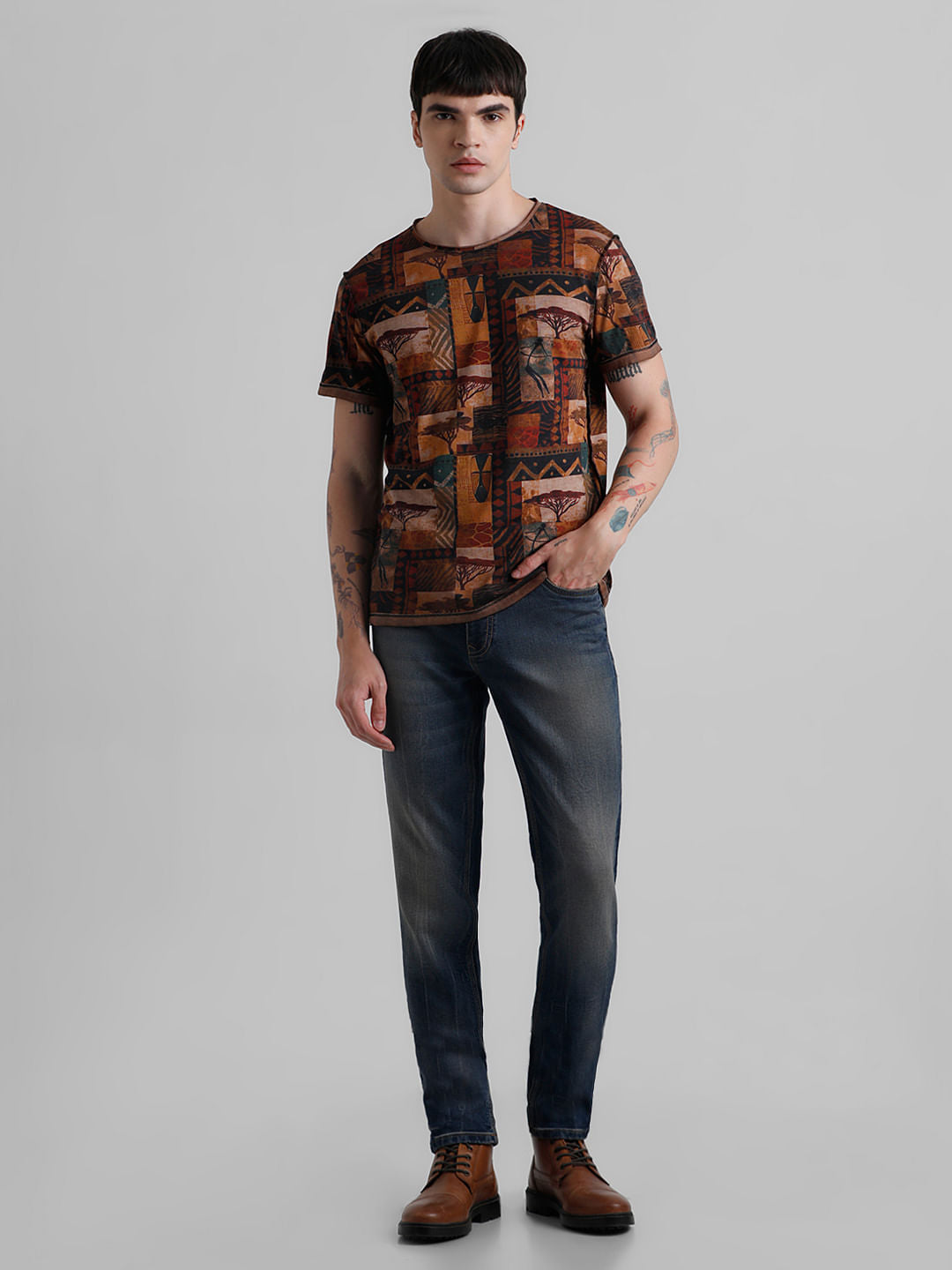 Brown Abstract Print T-shirt