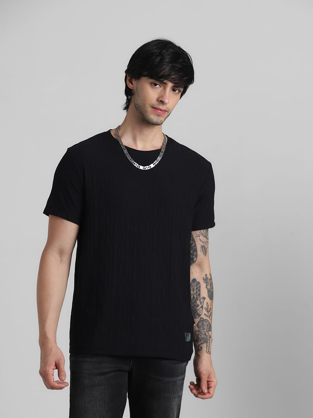 Black Jacquard Crew Neck T-shirt - S
