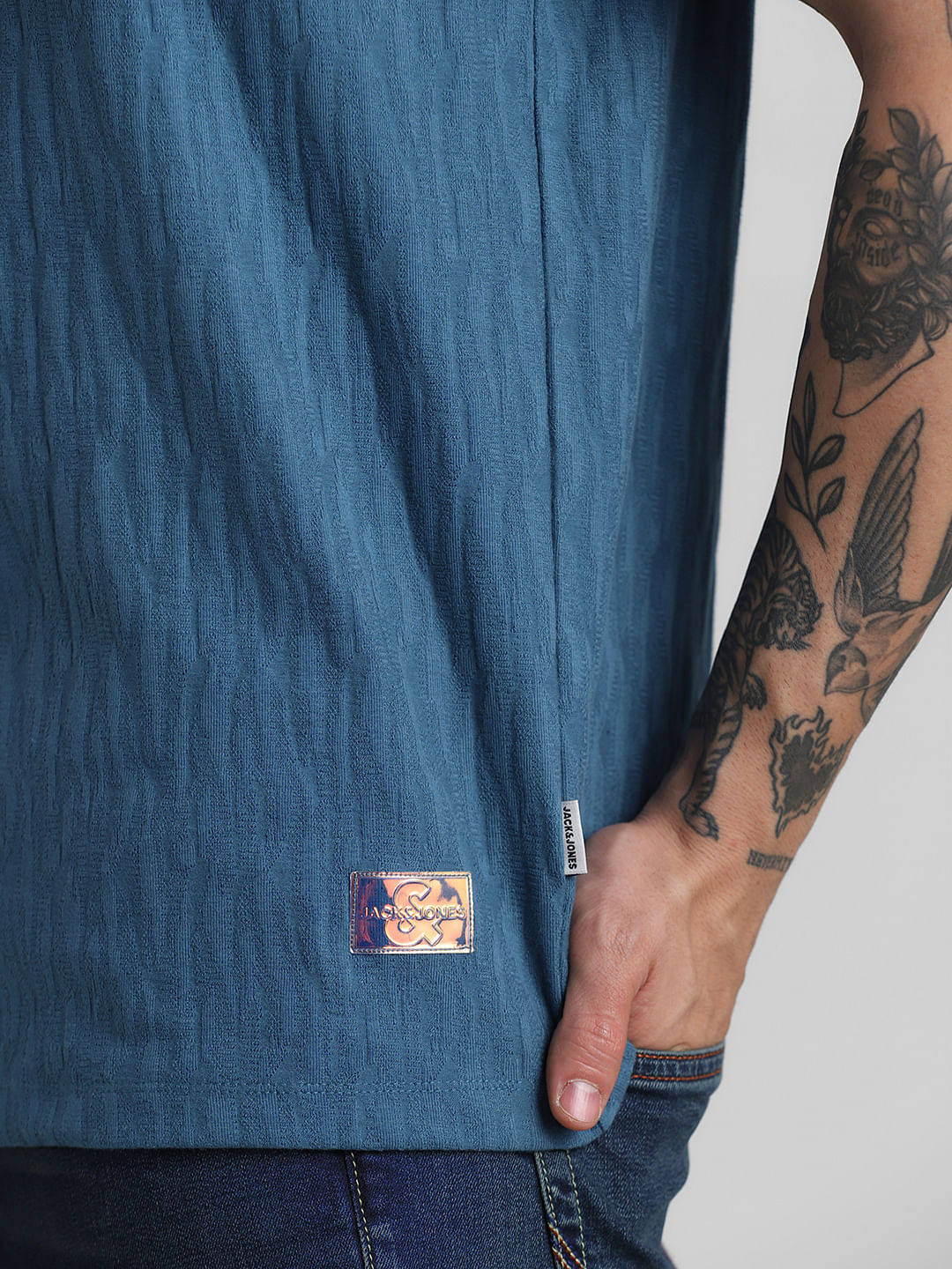 Blue Jacquard Crew Neck T-shirt