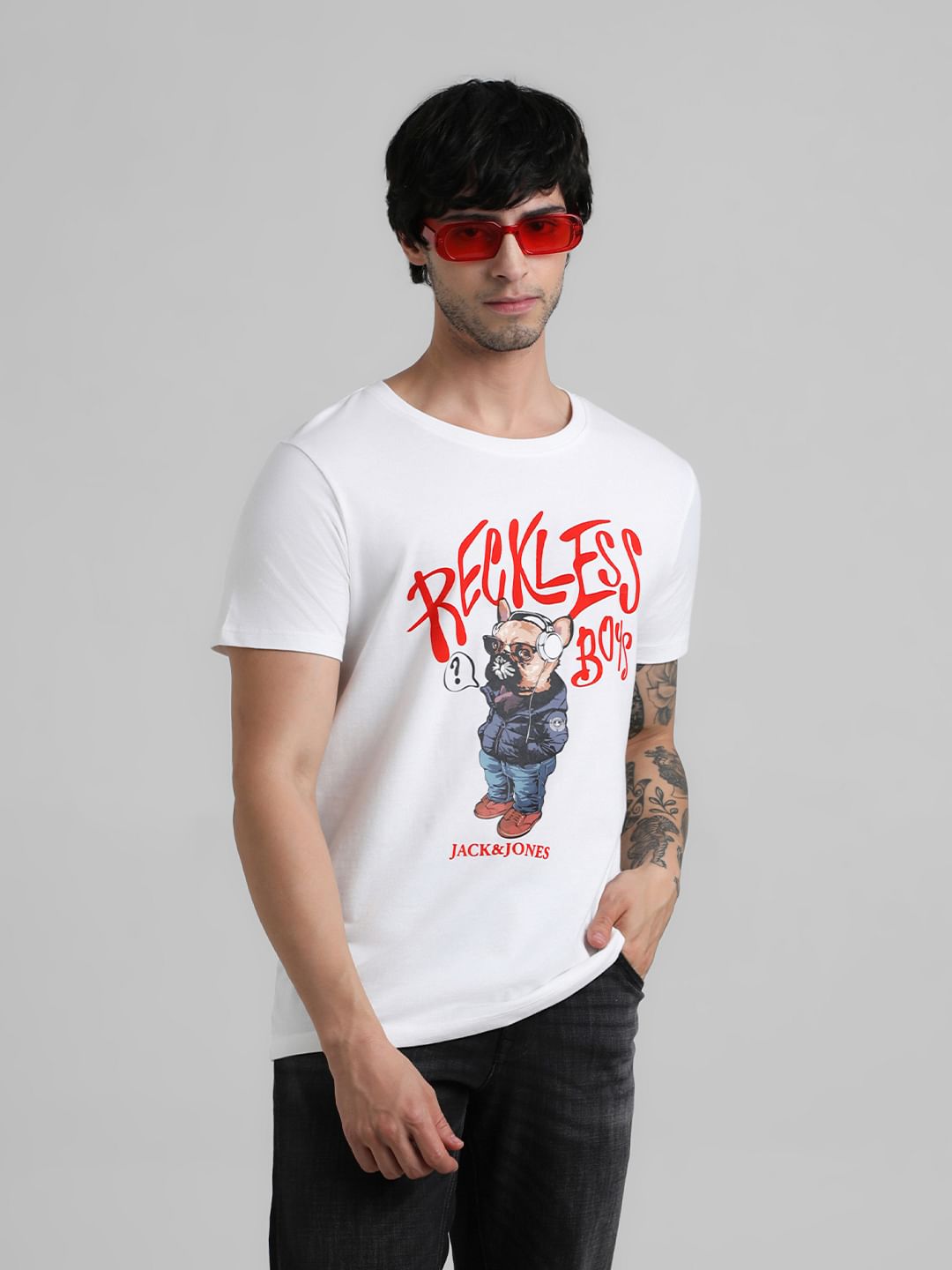 URBAN RACERS by JACK&JONES White Doggo Print Crew Neck T-shirt - S