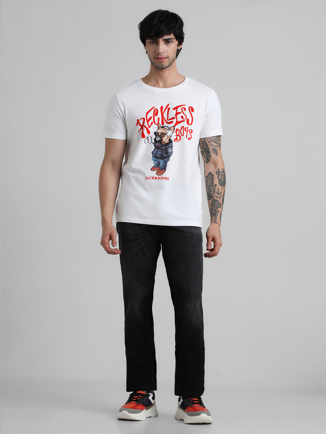 URBAN RACERS by JACK&JONES White Doggo Print Crew Neck T-shirt