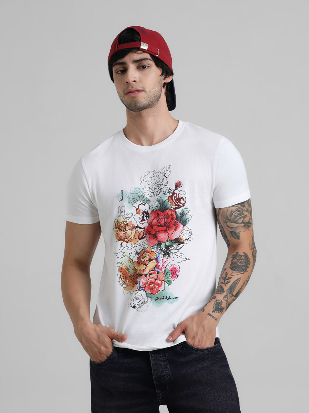White Floral Print T-shirt - S
