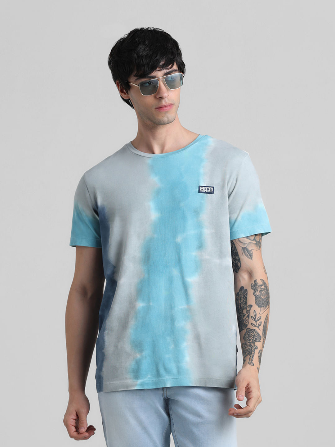 Blue & Grey Tie-Dye Crew Neck T-shirt - S