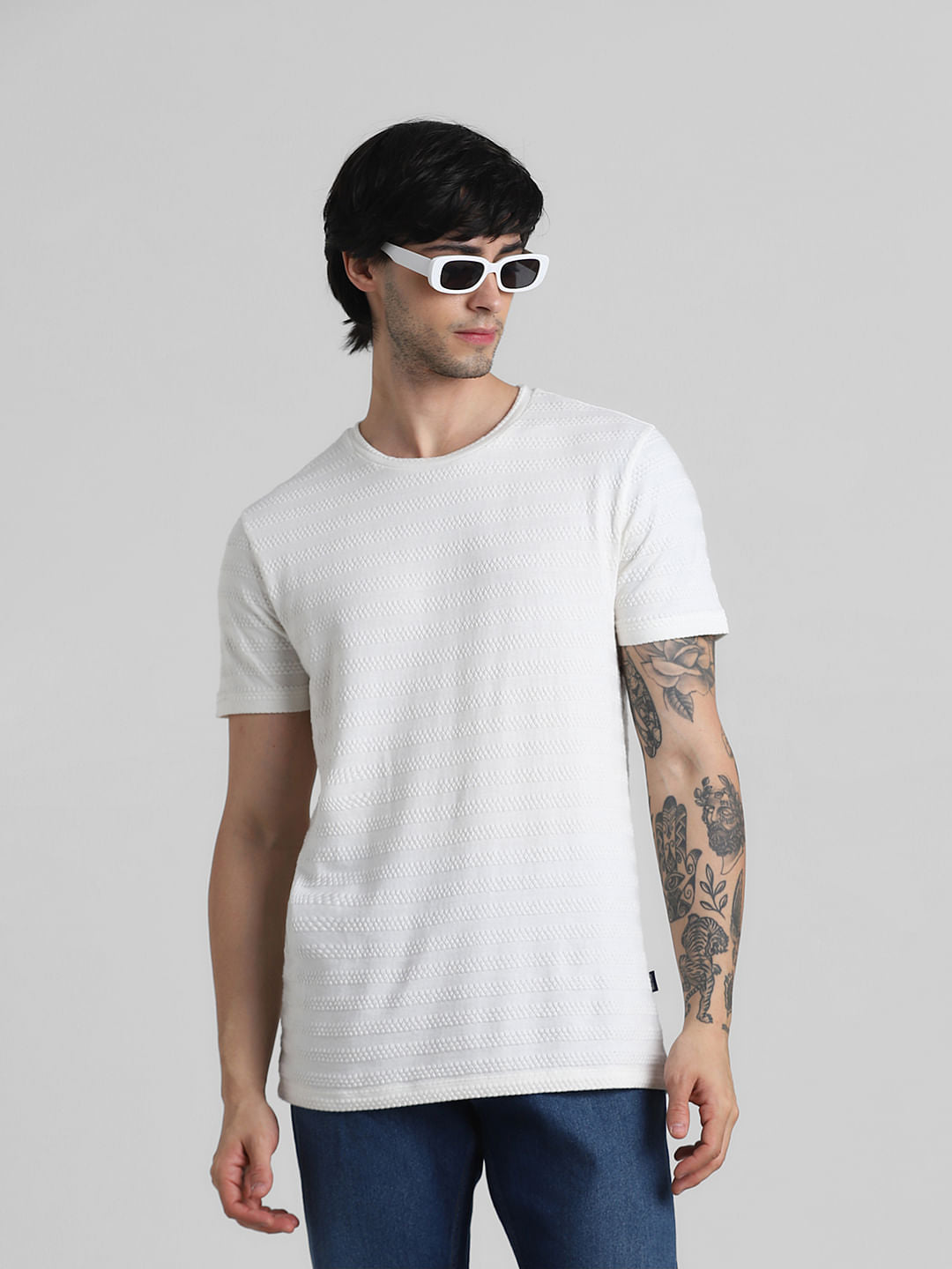 White Knitted Crew Neck T-shirt - S