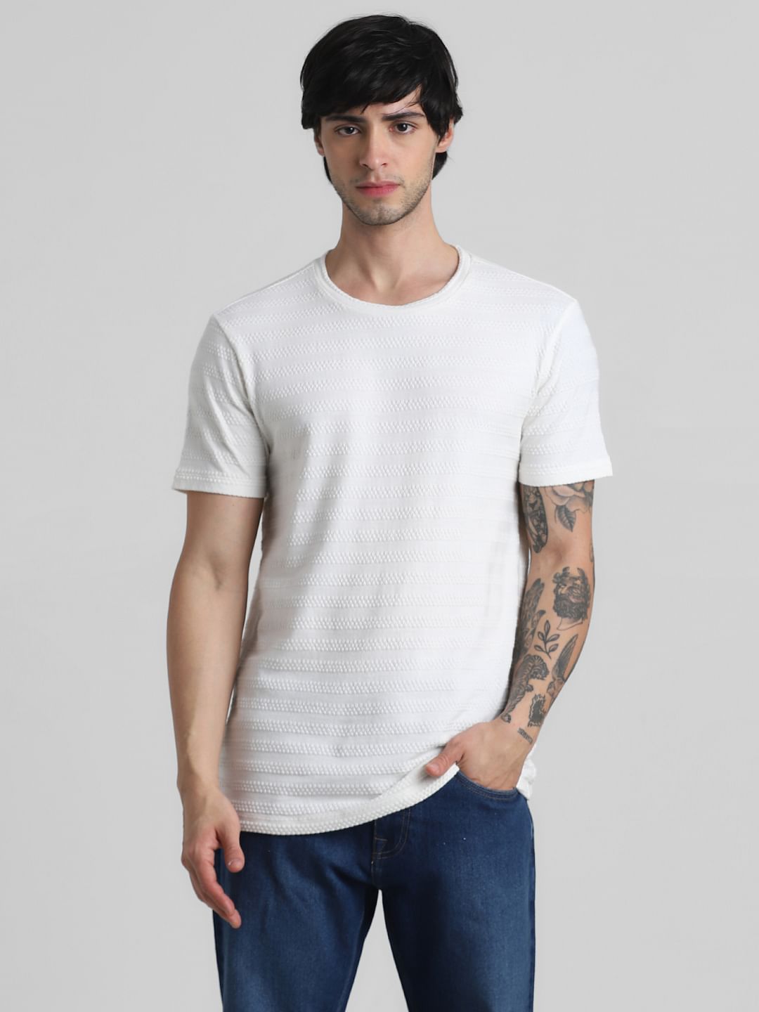 White Knitted Crew Neck T-shirt