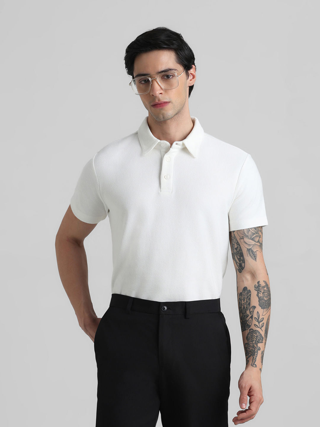 White Knitted Polo T-shirt - S