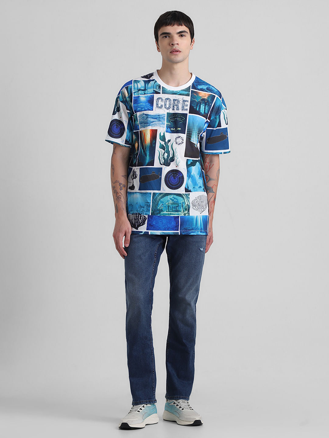 Blue Collage Print Oversized T-shirt