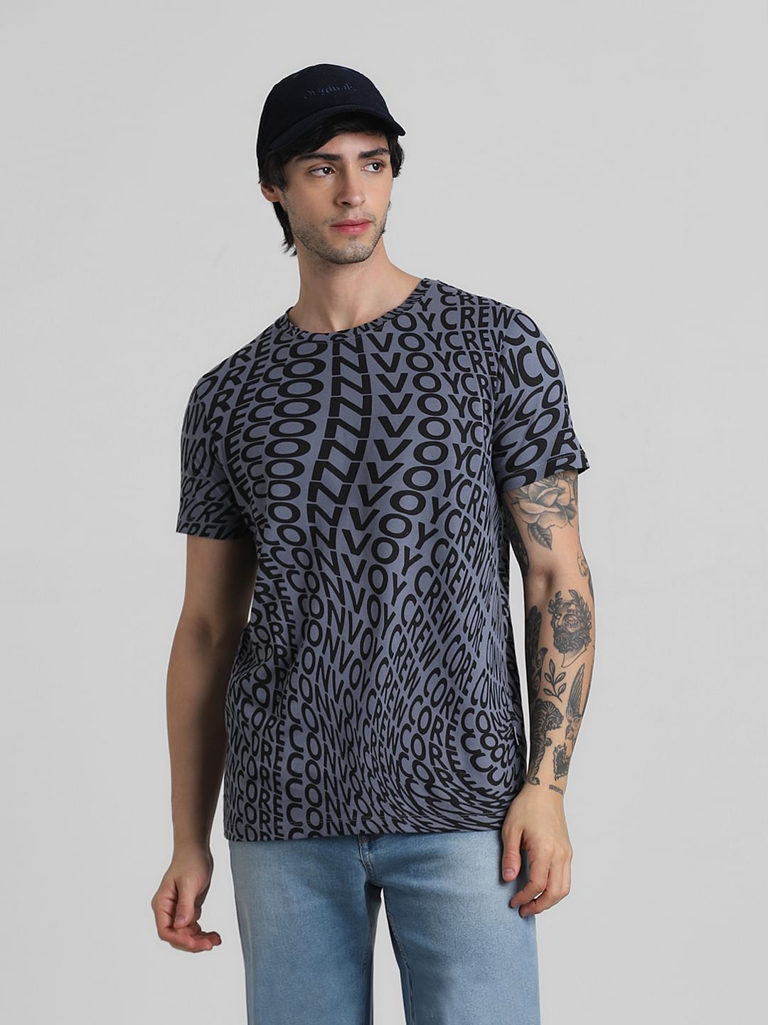 Grey Typographic Print T-shirt - L