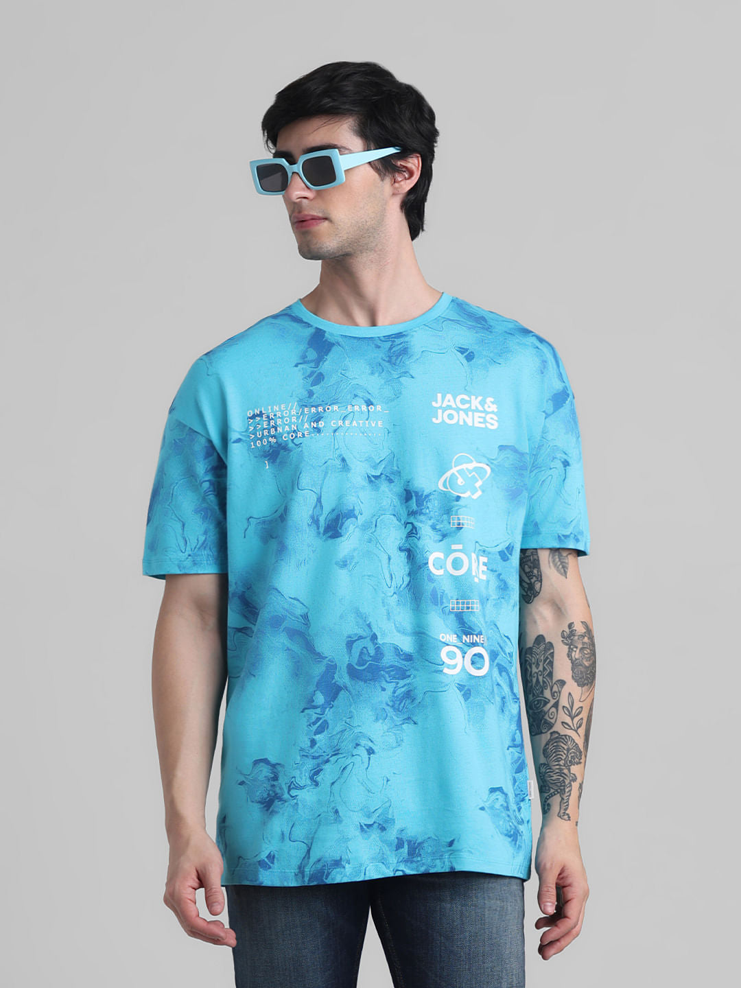 Blue Abstract Print Oversized Crew Neck T-shirt - S