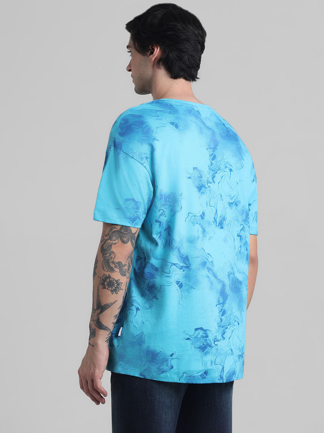 Blue Abstract Print Oversized Crew Neck T-shirt