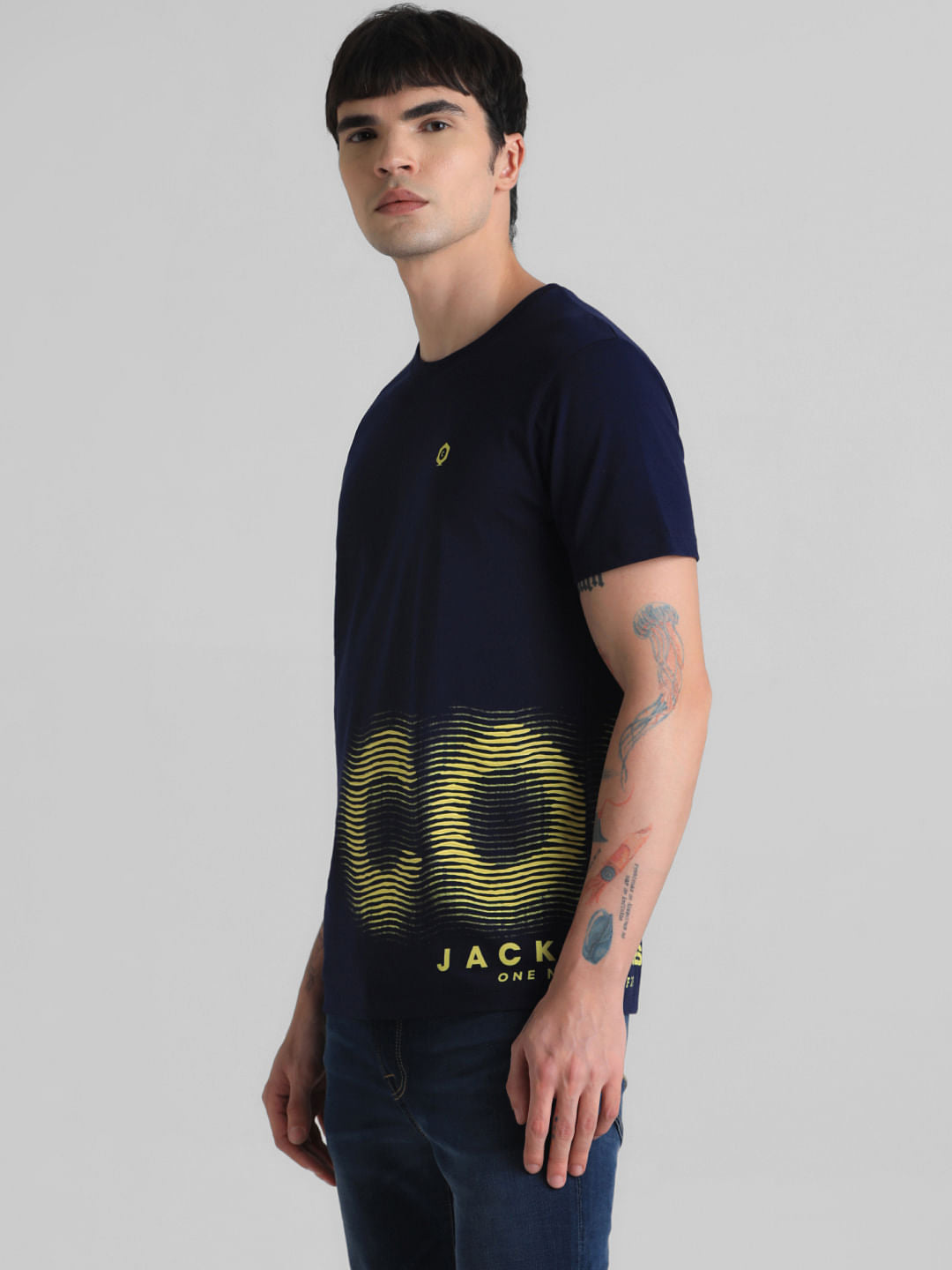 Dark Blue Printed Crew Neck T-shirt