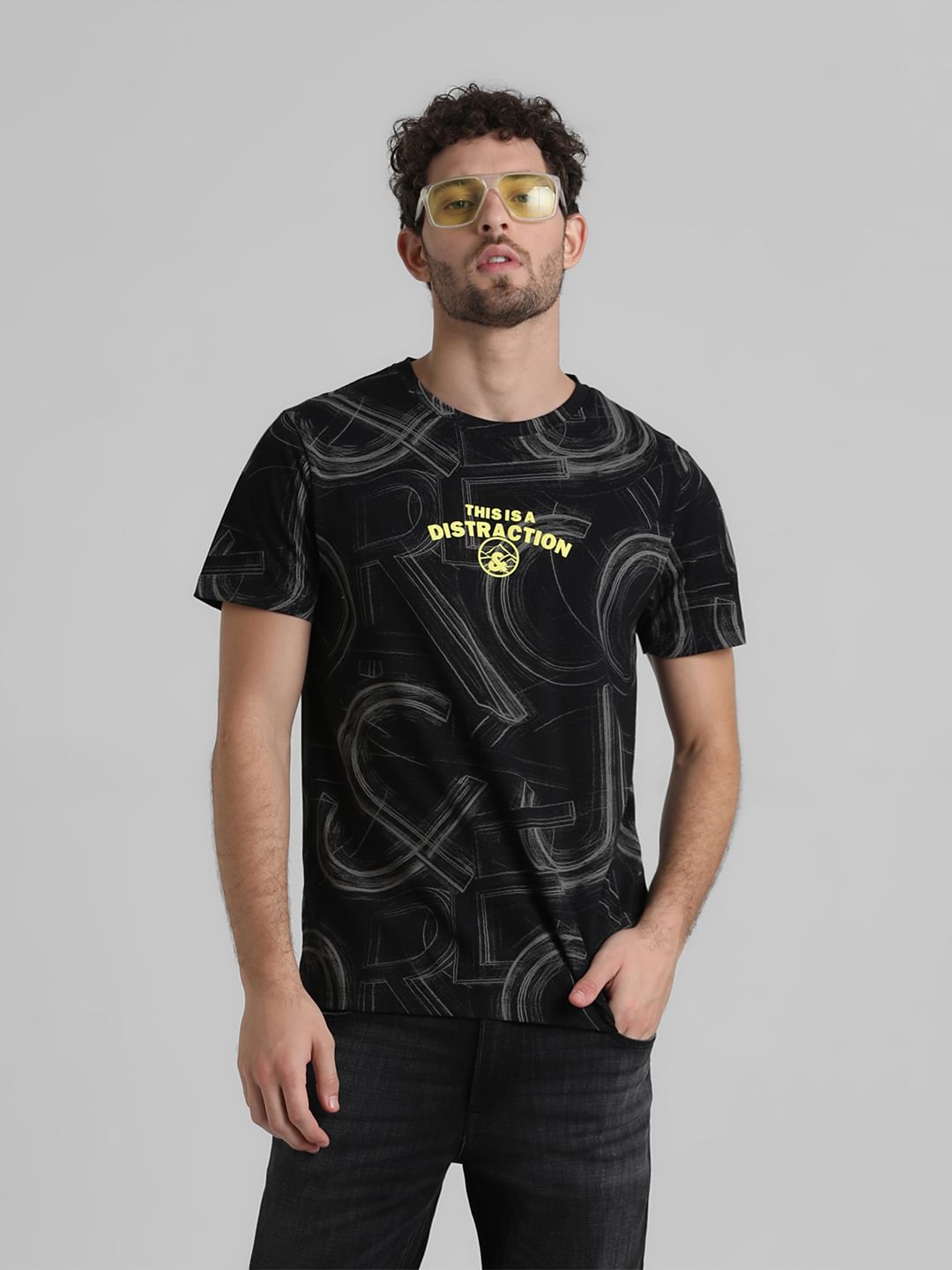 Black Text Print Crew Neck T-shirt - S