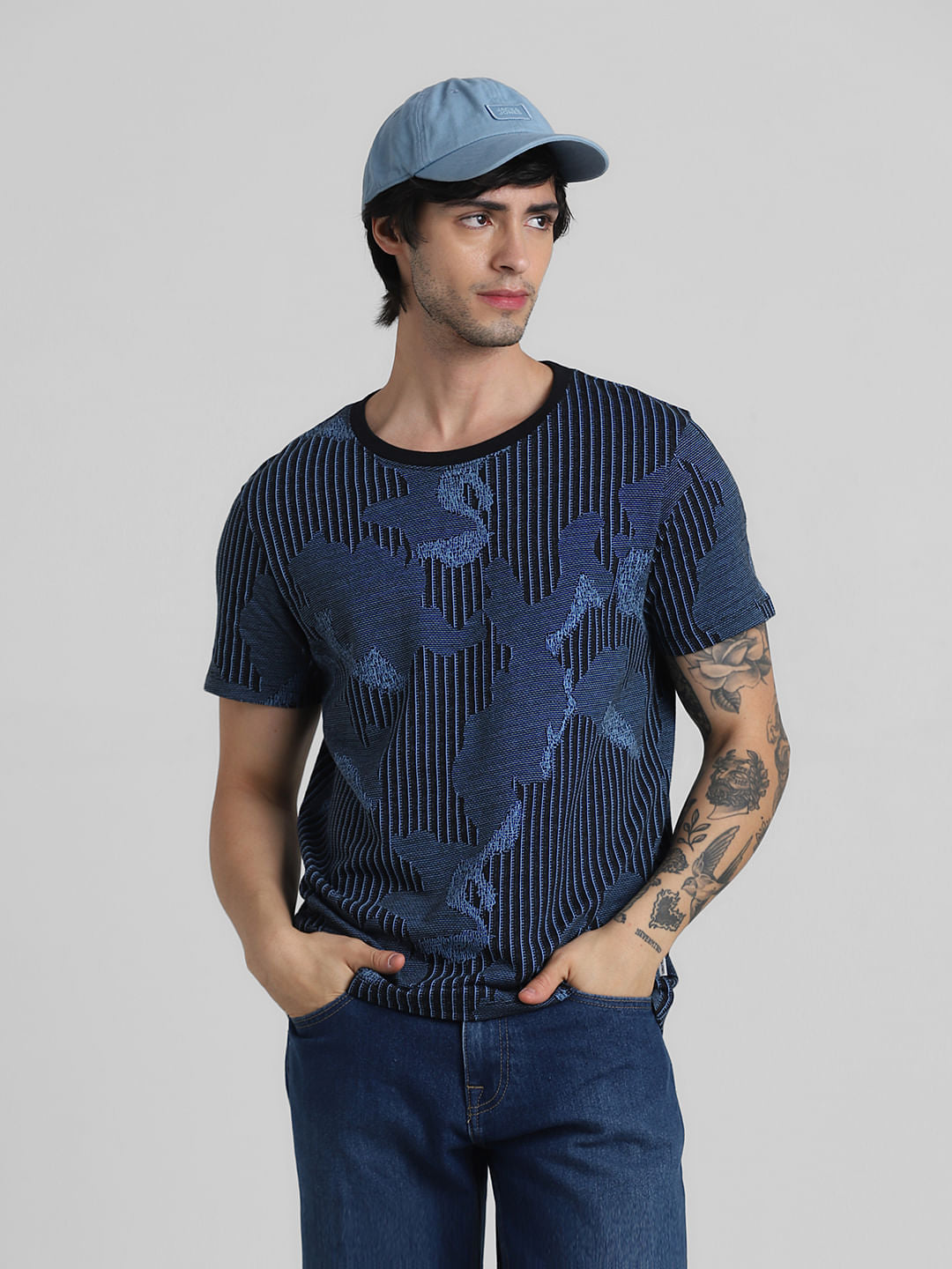 Blue Camo-Grid Jacquard T-shirt - M