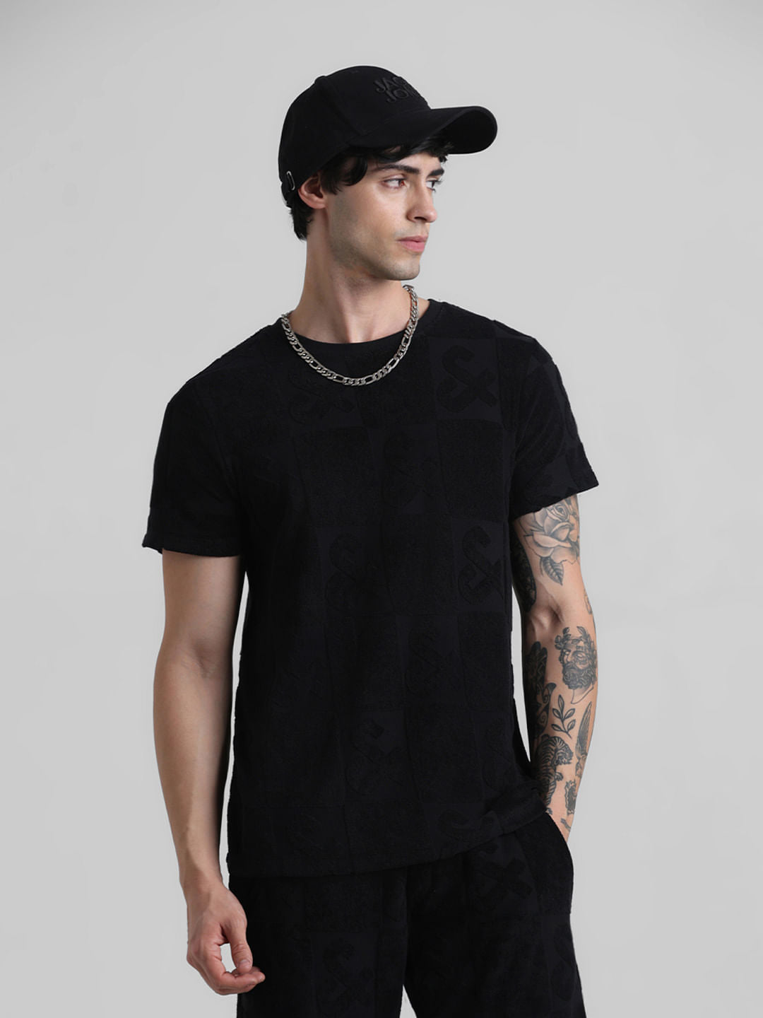 Black Jacquard Logo Print T-shirt - S