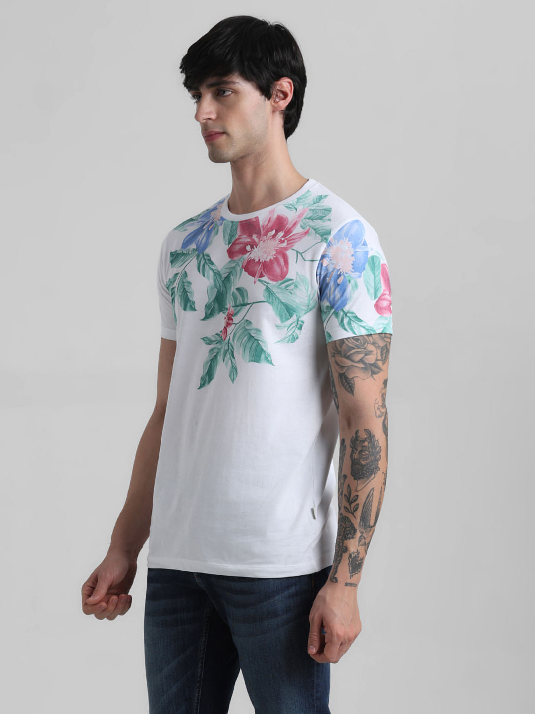 White Floral Print Crew Neck T-shirt