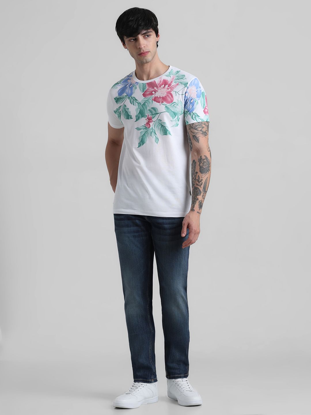 White Floral Print Crew Neck T-shirt