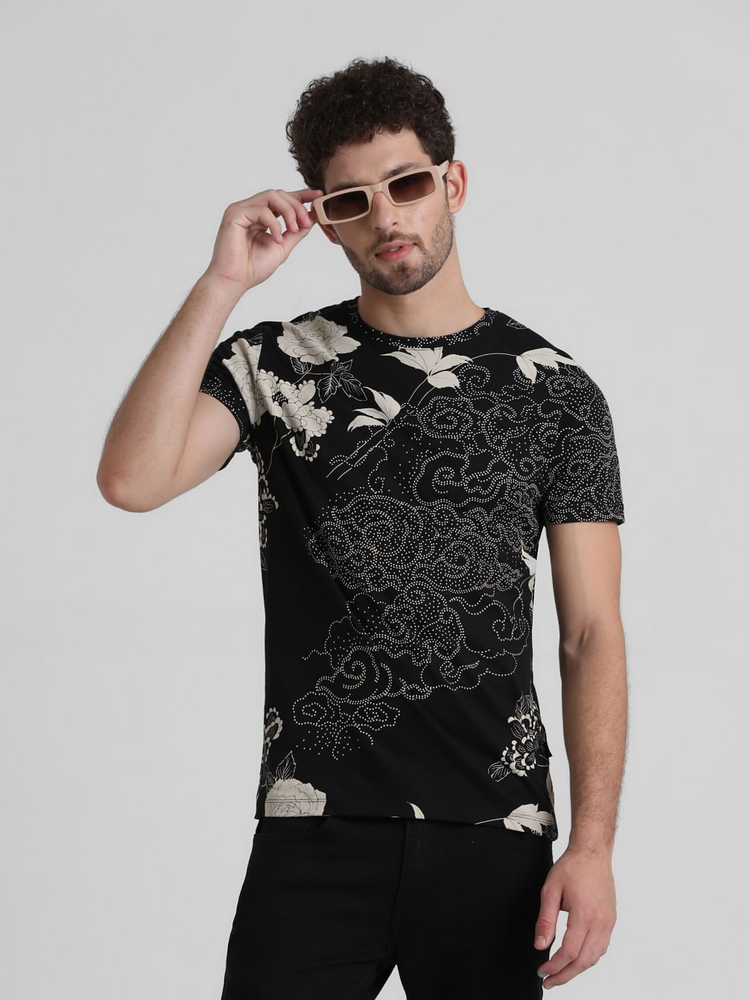 Black Floral Print T-shirt - S