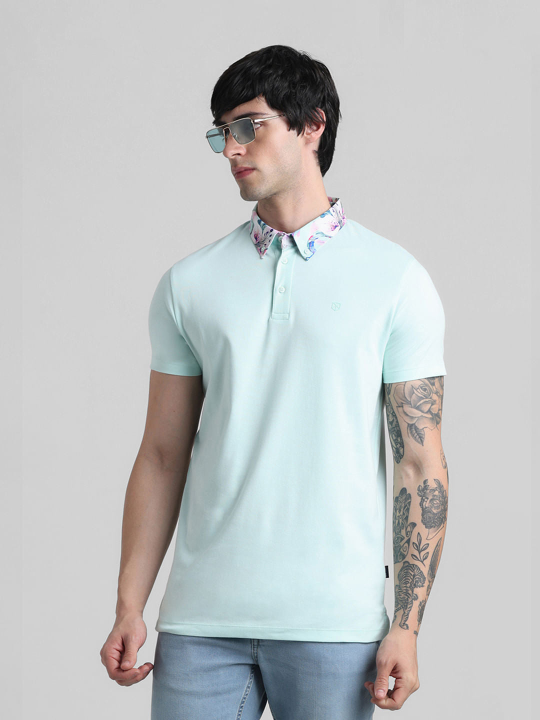 Green Floral Collared Polo T-shirt - S