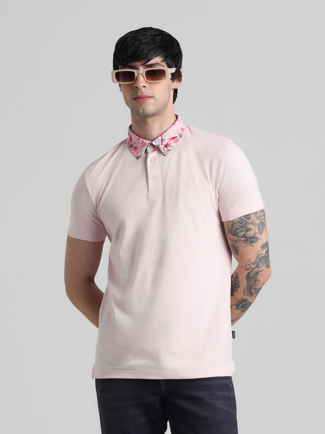 Pink Floral Collared Polo T-shirt - S