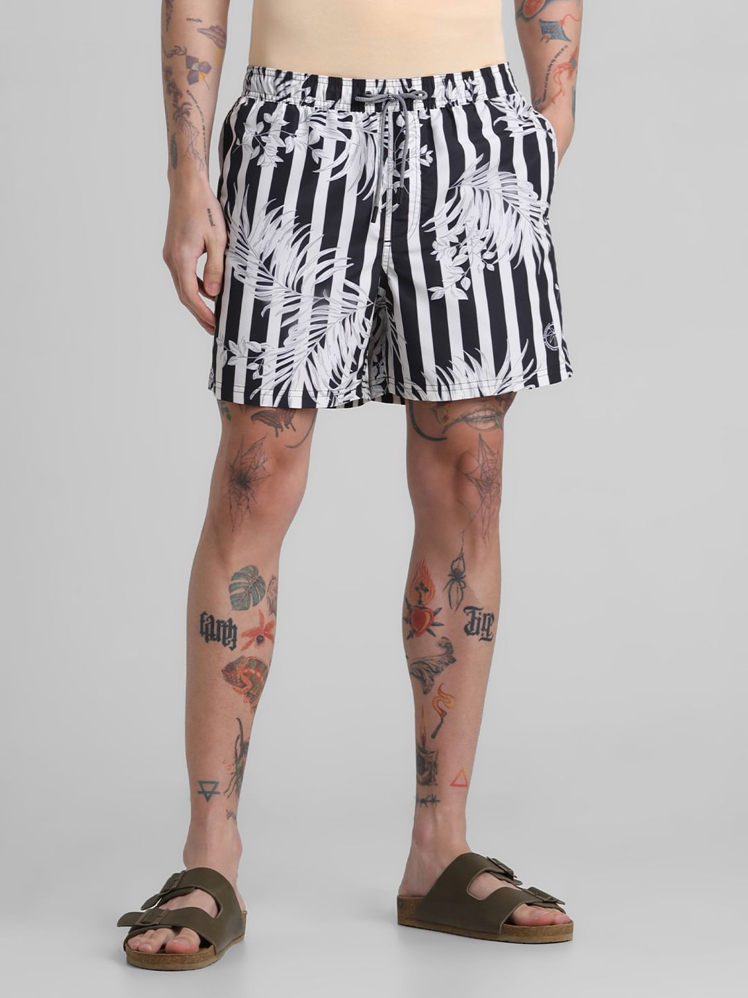 Black Striped Print Swim Shorts - S