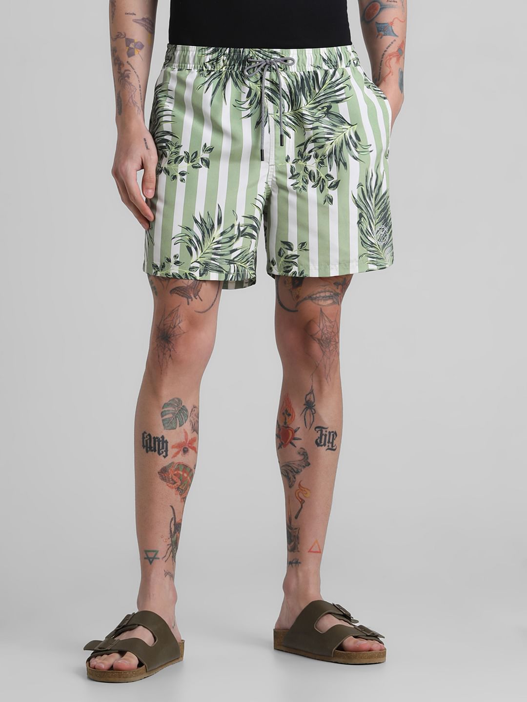 Green Striped Print Swim Shorts - S