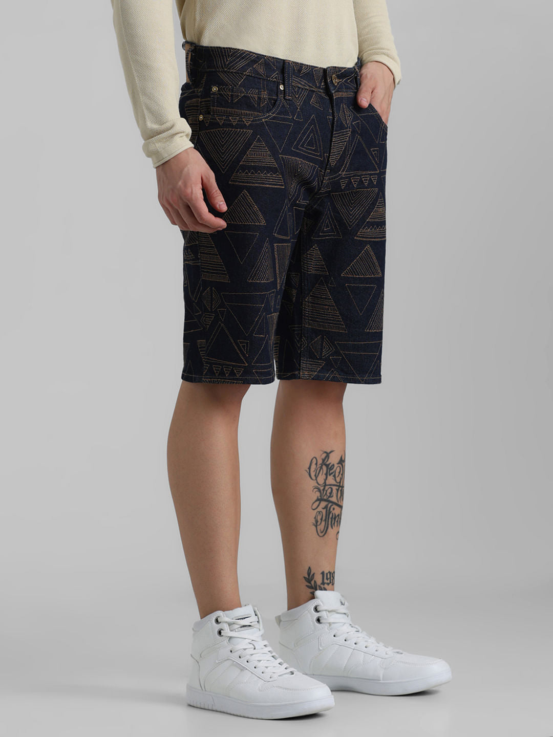 Dark Blue Low Rise Embroidered Denim Shorts