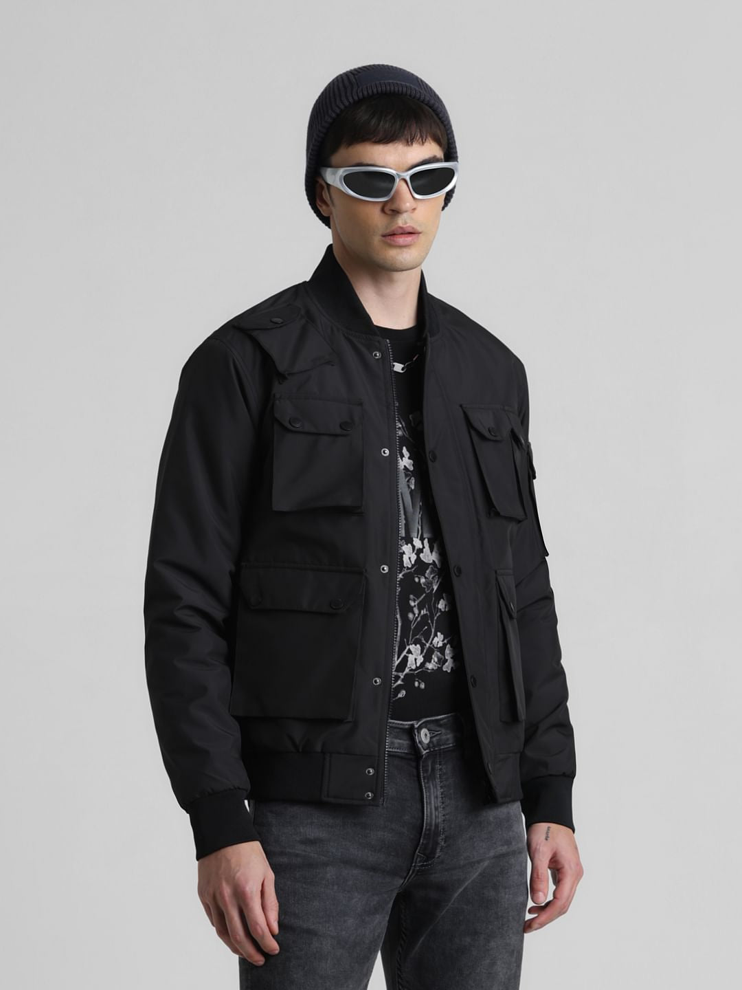Black Oversized Pockets Bomber Jacket - S