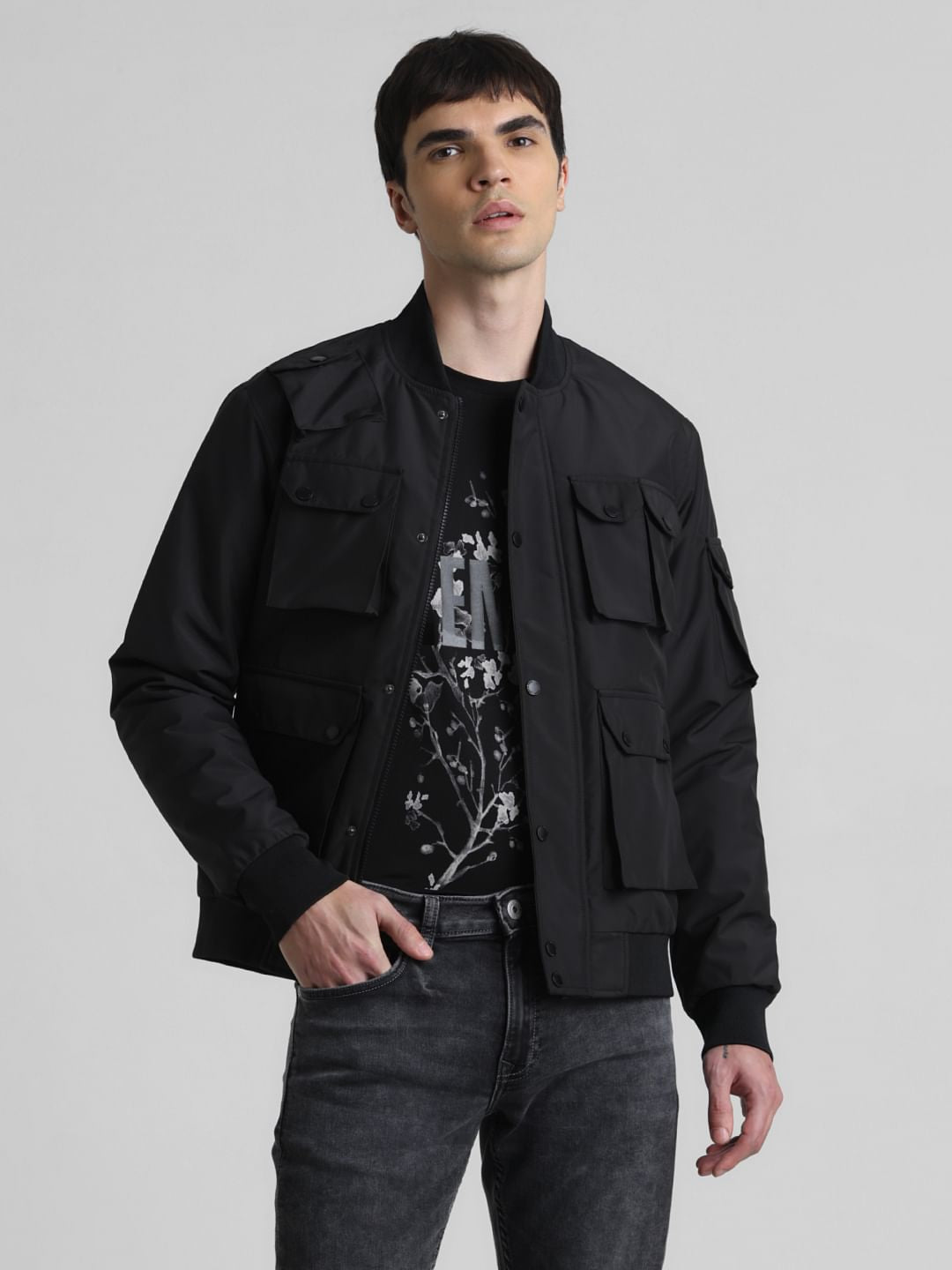 Black Oversized Pockets Bomber Jacket