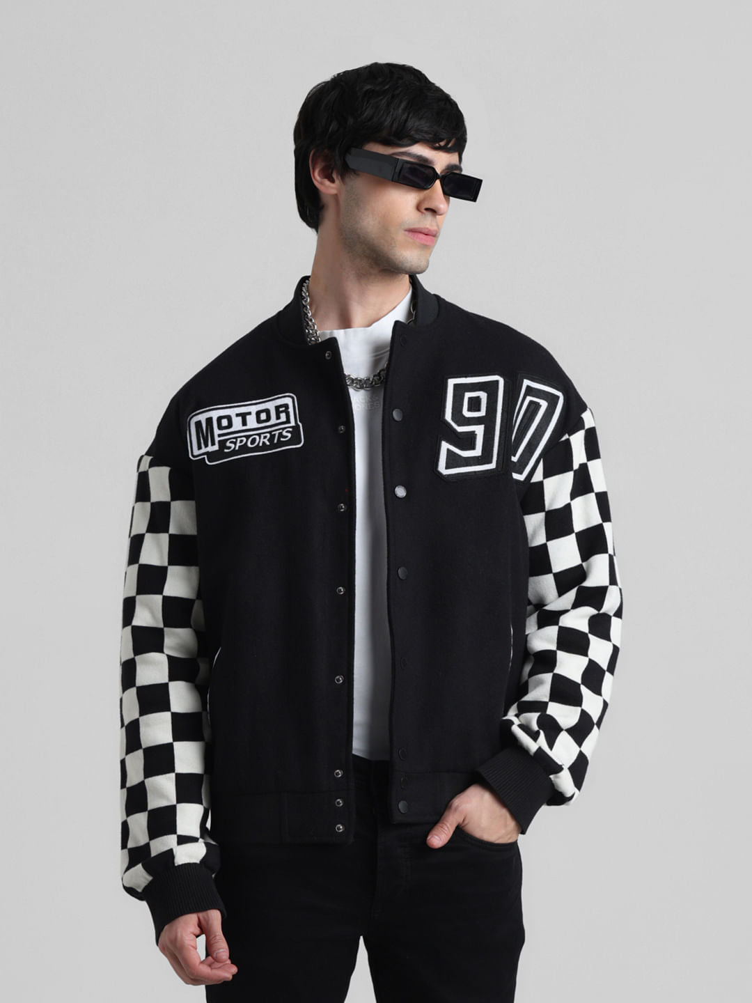 URBAN RACERS by Jack & Jones Black Motocheck Bomber Jacket - S