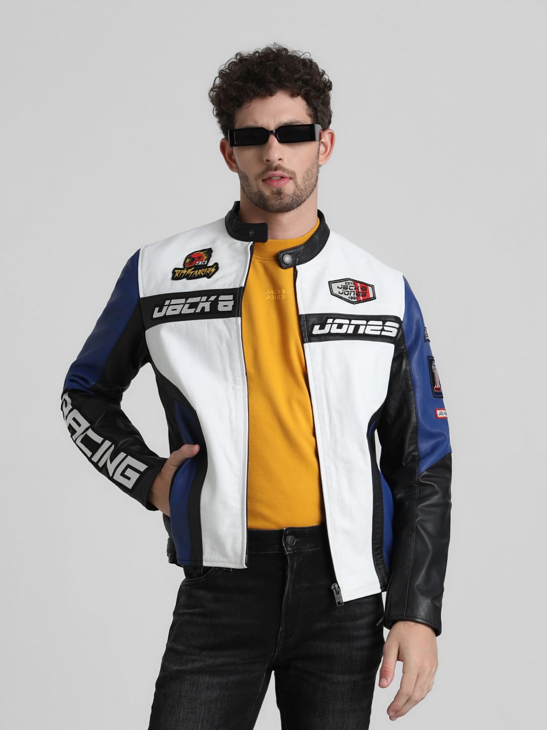 URBAN RACERS by JACK&JONES WHITE COLOURBLOCKED LEATHER JACKET - S