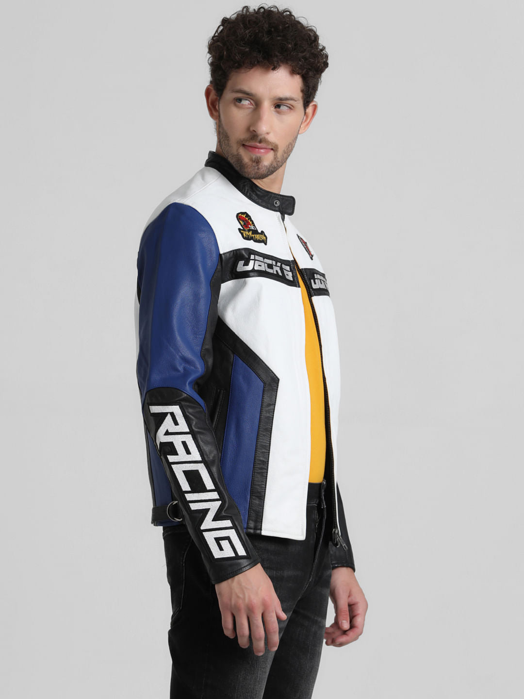 URBAN RACERS by JACK&JONES WHITE COLOURBLOCKED LEATHER JACKET
