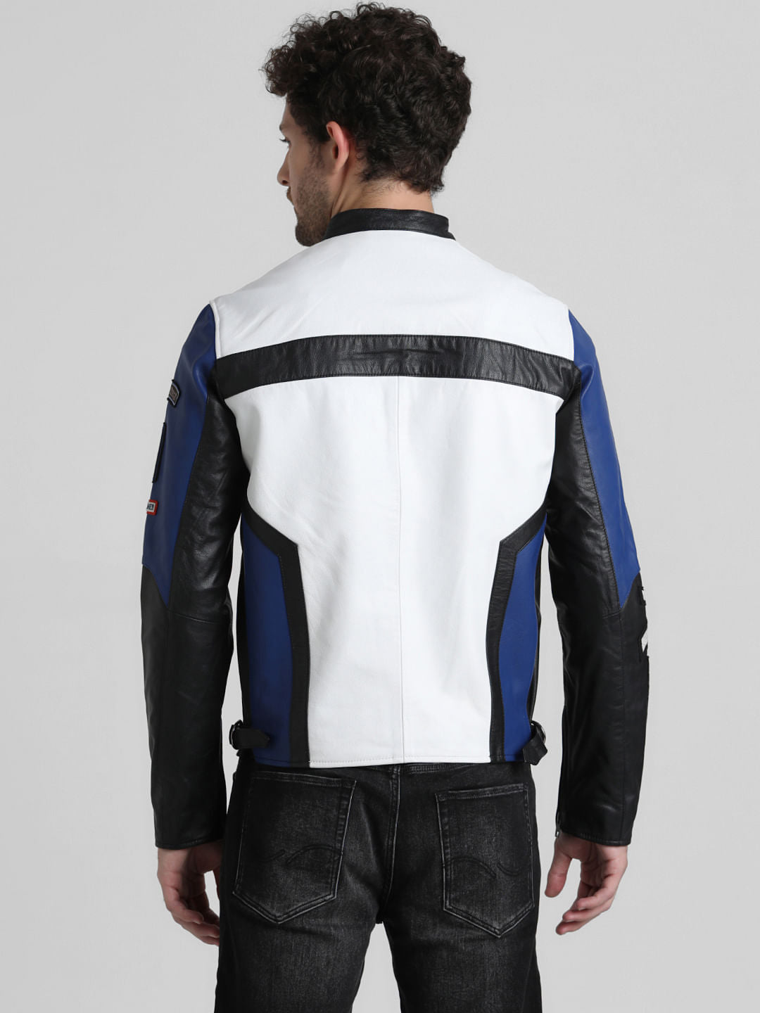 URBAN RACERS by JACK&JONES WHITE COLOURBLOCKED LEATHER JACKET