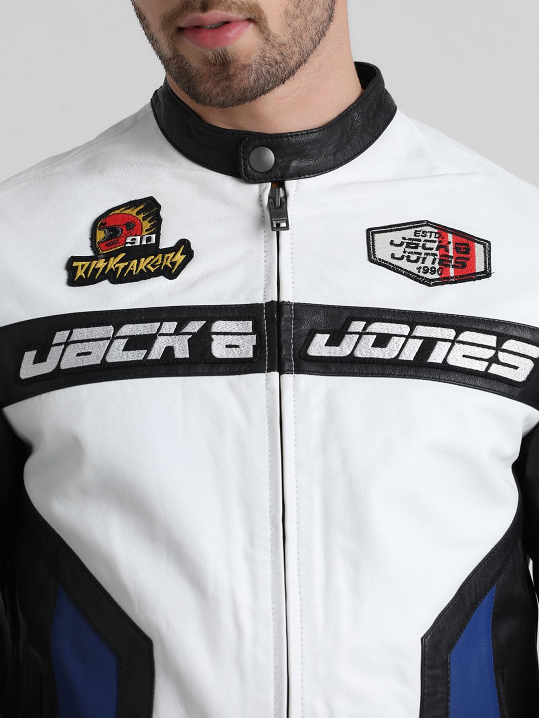 URBAN RACERS by JACK&JONES WHITE COLOURBLOCKED LEATHER JACKET