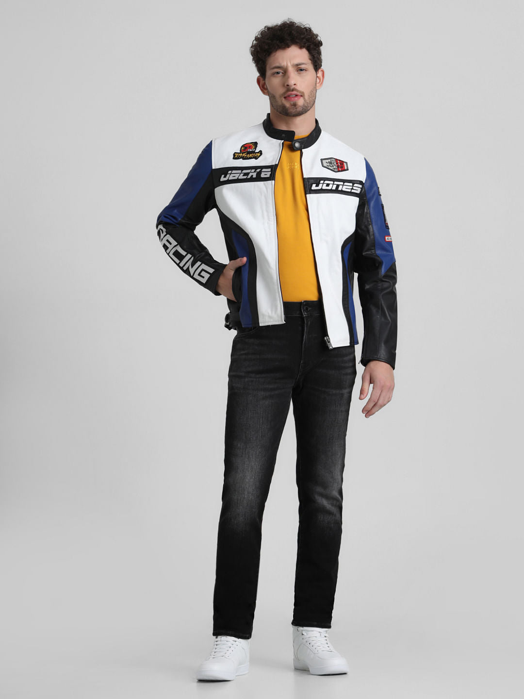 URBAN RACERS by JACK&JONES WHITE COLOURBLOCKED LEATHER JACKET