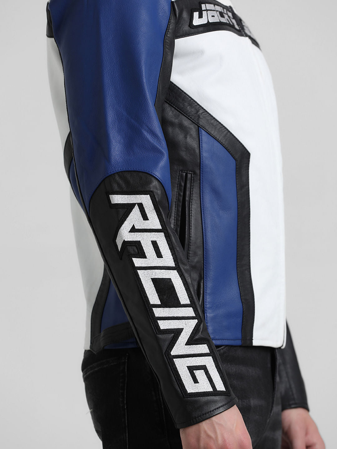 URBAN RACERS by JACK&JONES WHITE COLOURBLOCKED LEATHER JACKET