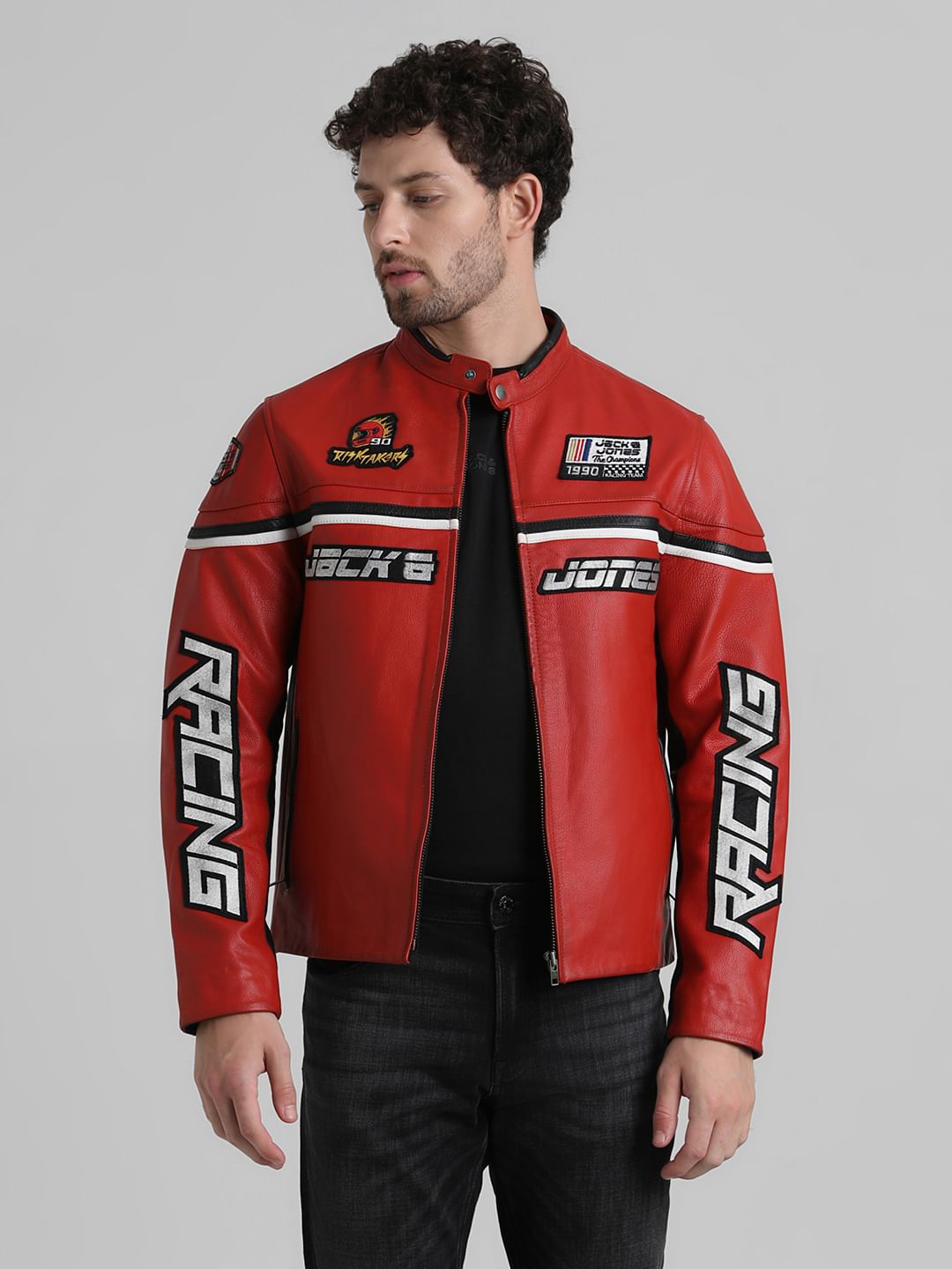 URBAN RACERS by JACK&JONES RED RACER LEATHER JACKET - S