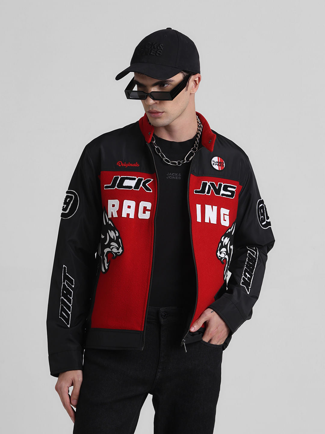 Black Applique Patchwork Racer Jacket - S