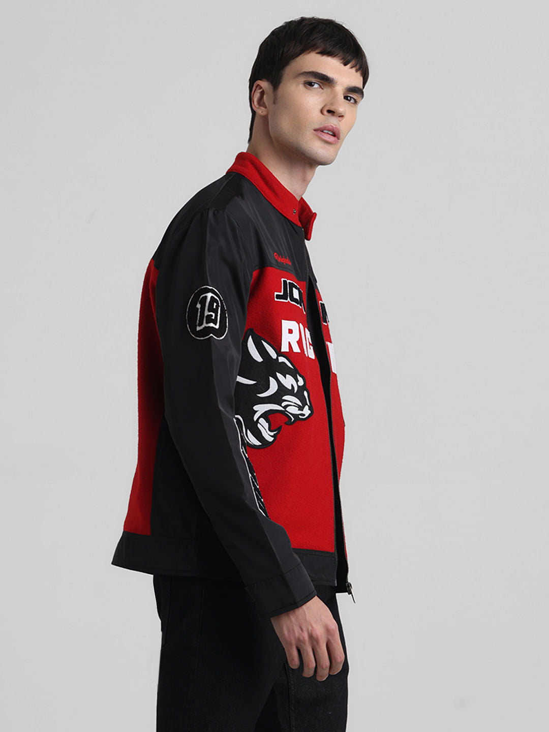 Black Applique Patchwork Racer Jacket